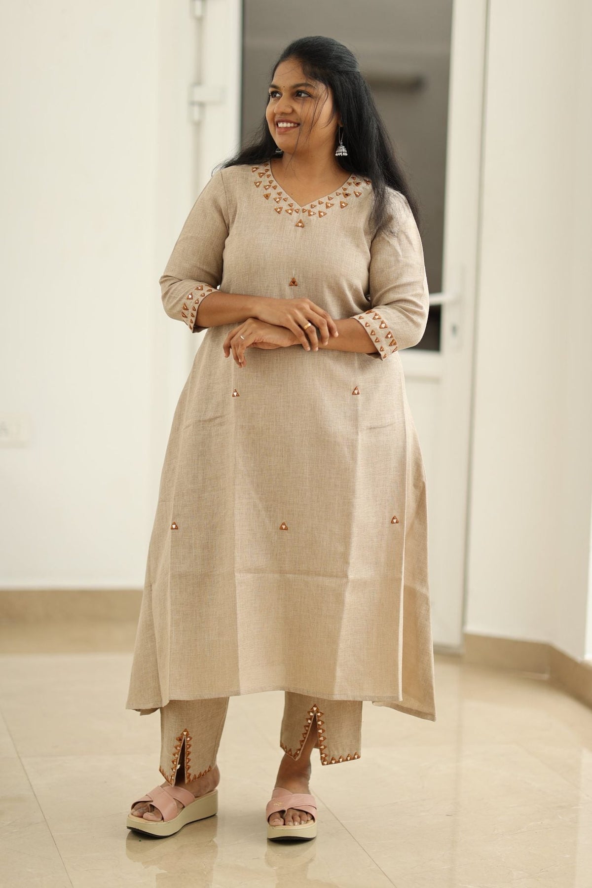 Chai Latte Caramel Mirror Work 30+ Women Everyday & Special Day Office Kurta (Top + Bottom) | MAGI0048