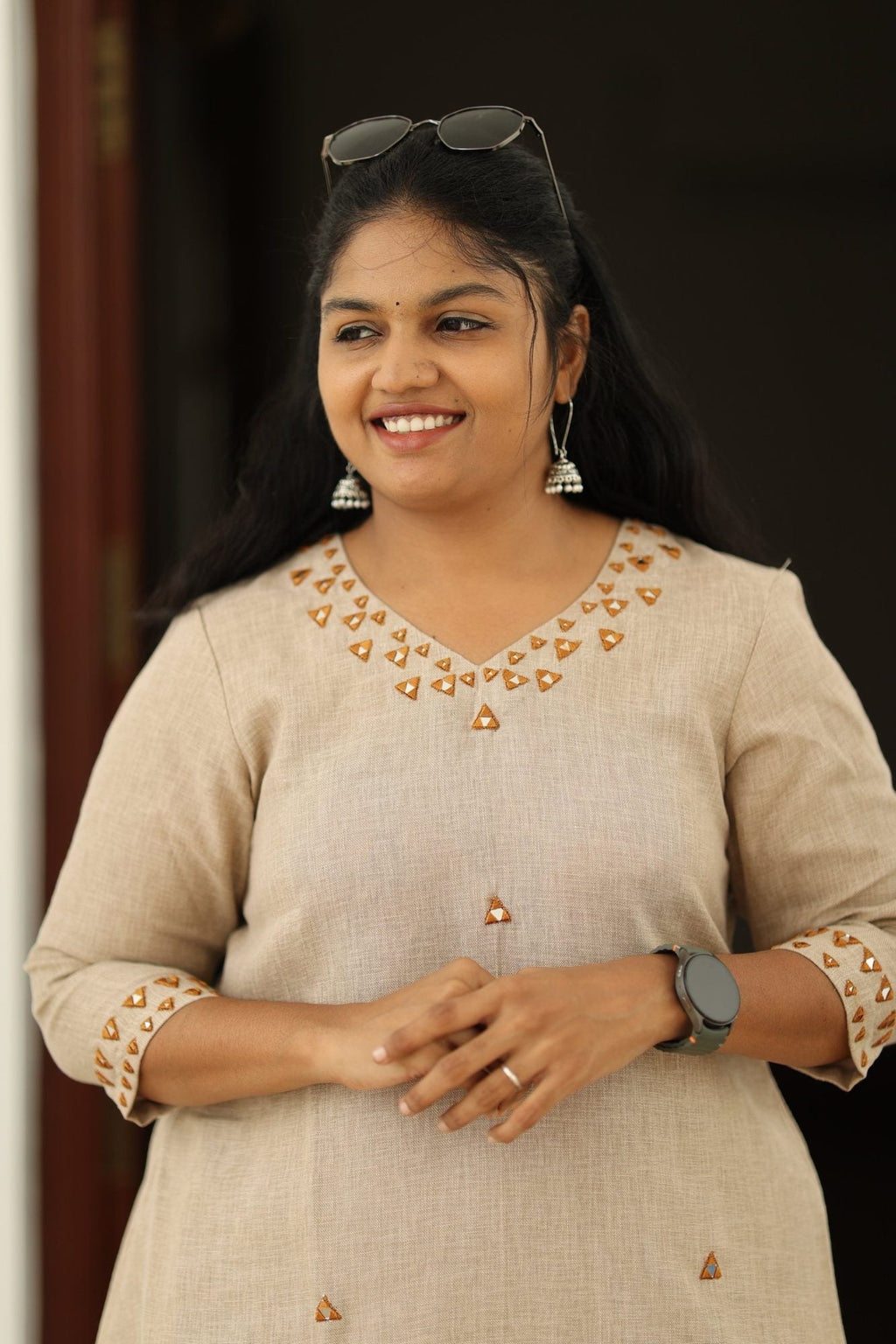 Chai Latte Caramel Mirror Work 30+ Women Everyday & Special Day Office Kurta (Top + Bottom) | MAGI0048