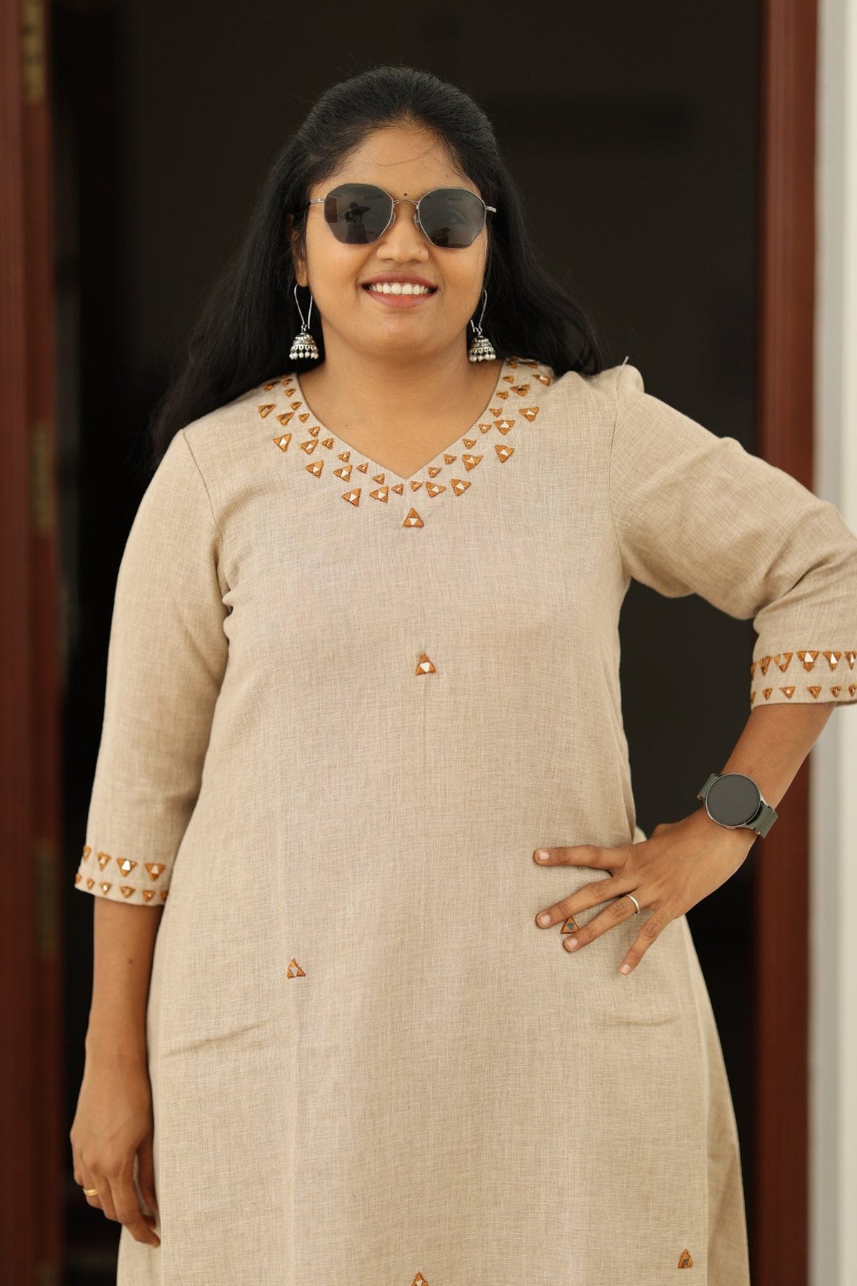 Chai Latte Caramel Mirror Work 30+ Women Everyday & Special Day Office Kurta (Top + Bottom) | MAGI0048