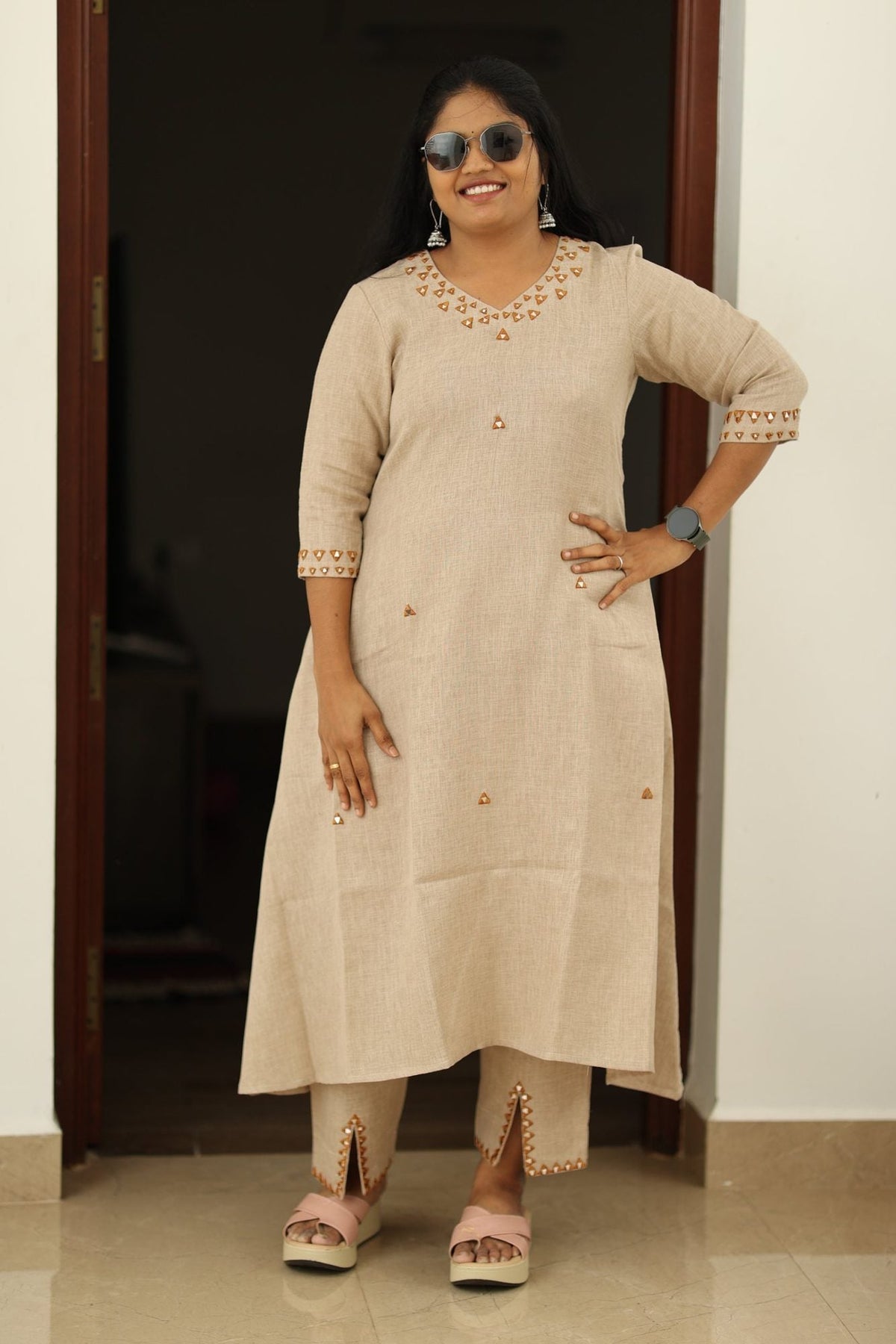 Chai Latte Caramel Mirror Work 30+ Women Everyday & Special Day Office Kurta (Top + Bottom) | MAGI0048