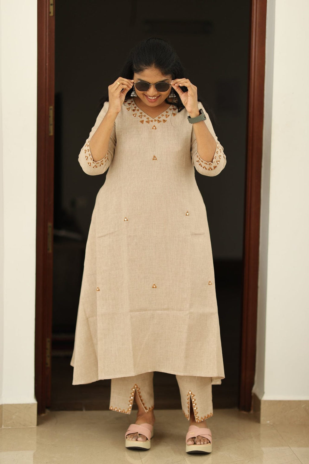 Chai Latte Caramel Mirror Work 30+ Women Everyday & Special Day Office Kurta (Top + Bottom) | MAGI0048