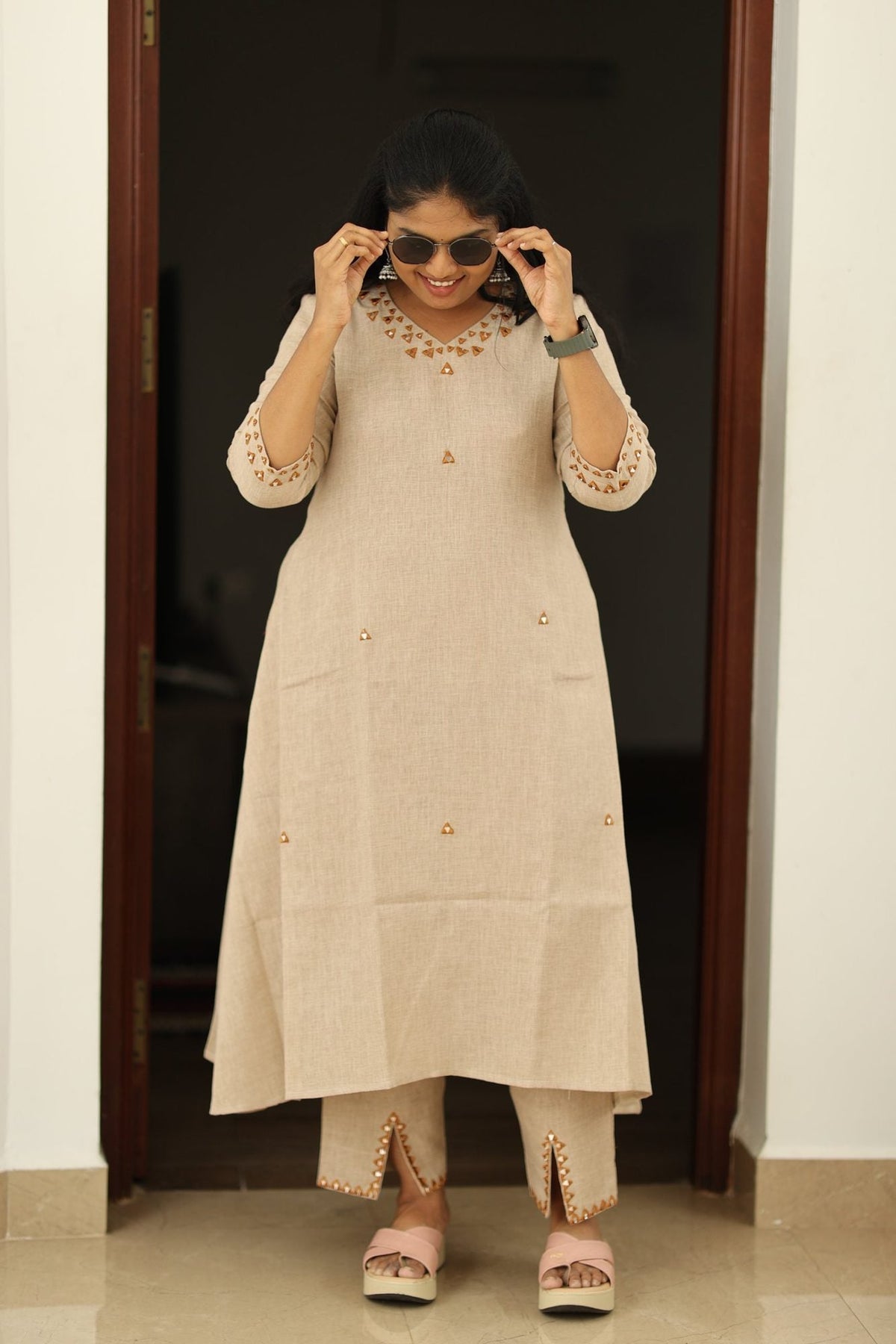 Chai Latte Caramel Mirror Work 30+ Women Everyday & Special Day Office Kurta (Top + Bottom) | MAGI0048