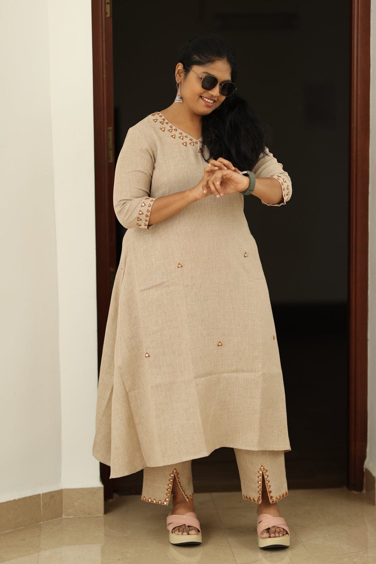 Chai Latte Caramel Mirror Work 30+ Women Everyday & Special Day Office Kurta (Top + Bottom) | MAGI0048