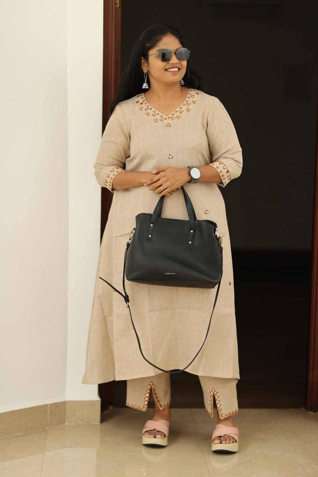 Chai Latte Caramel Mirror Work 30+ Women Everyday & Special Day Office Kurta (Top + Bottom) | MAGI0048