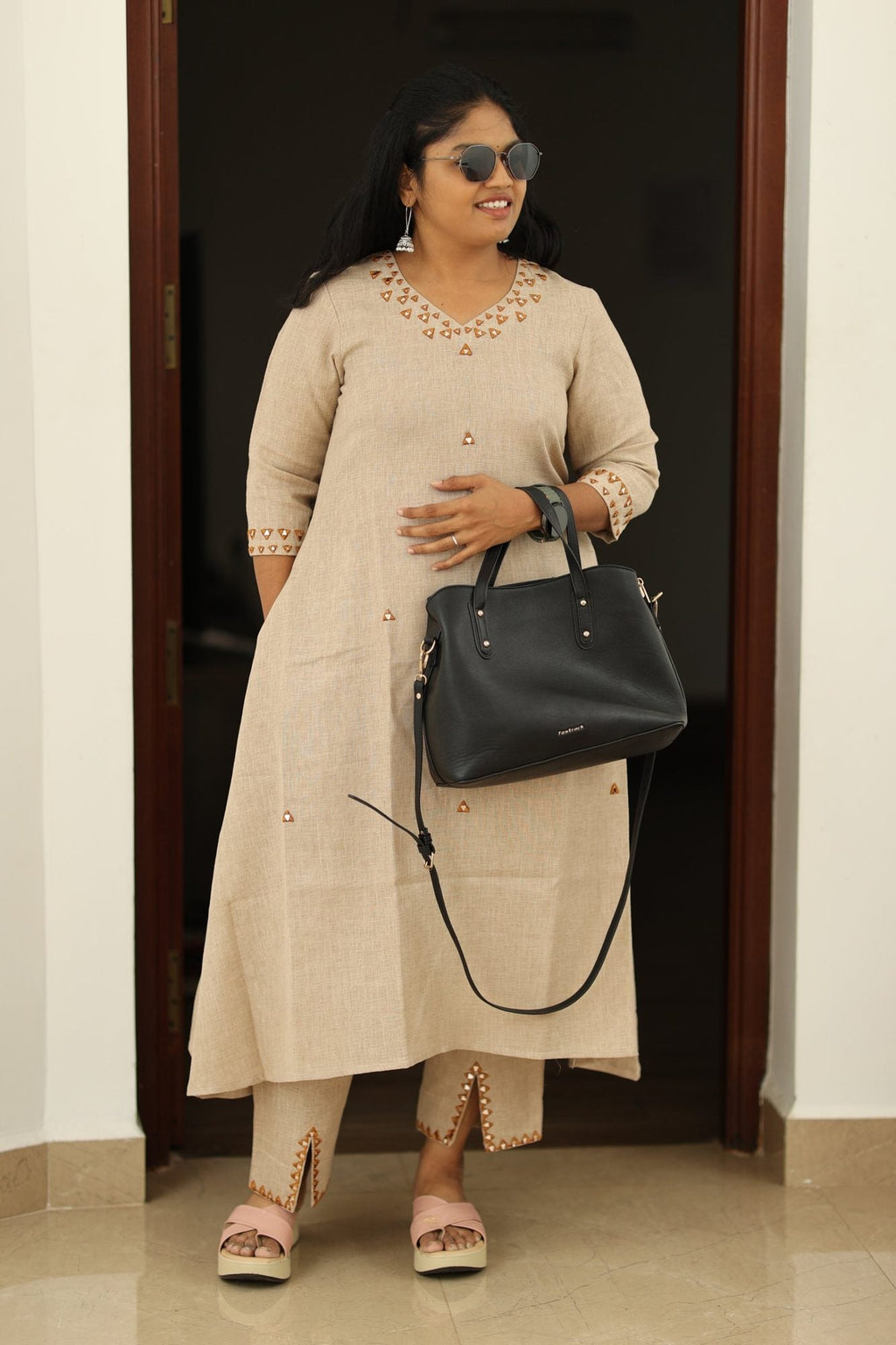 Chai Latte Caramel Mirror Work 30+ Women Everyday & Special Day Office Kurta (Top + Bottom) | MAGI0048
