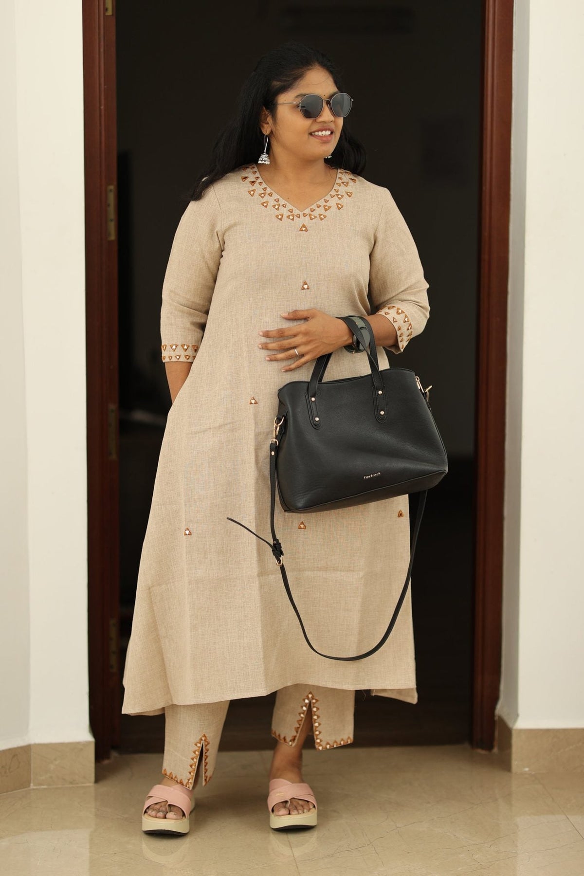 Chai Latte Caramel Mirror Work 30+ Women Everyday & Special Day Office Kurta (Top + Bottom) | MAGI0048