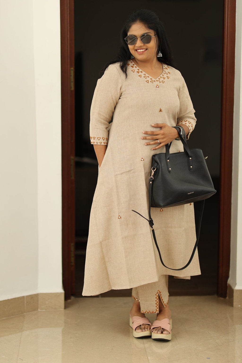 Chai Latte Caramel Mirror Work 30+ Women Everyday & Special Day Office Kurta (Top + Bottom) | MAGI0048