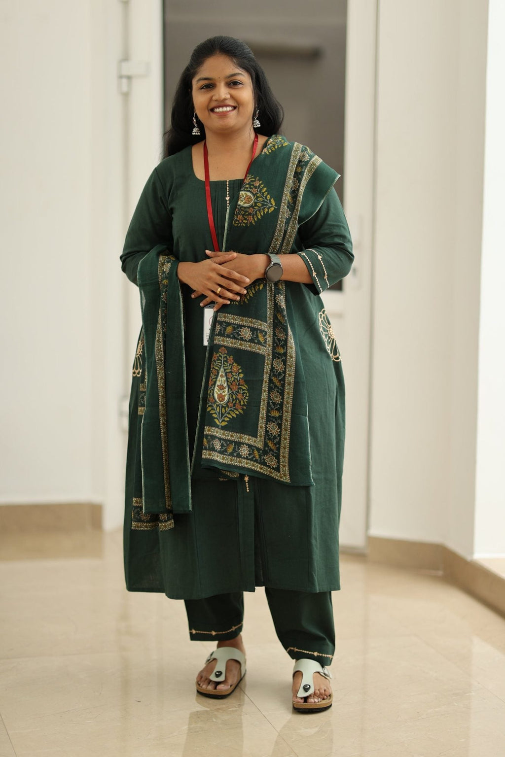 Spinach Leaf Cream Embroidery 30+ Women Everyday Office Kurta (Top + Bottom + Dupatta) | MAGI0049