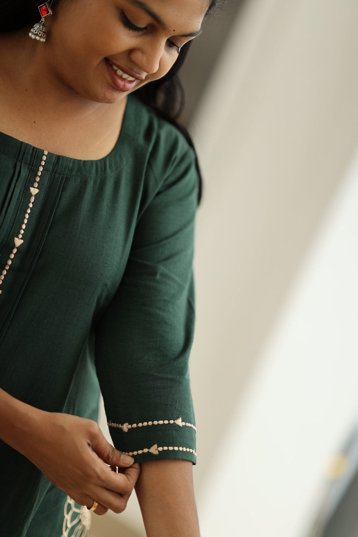 Spinach Leaf Cream Embroidery 30+ Women Everyday Office Kurta (Top + Bottom + Dupatta) | MAGI0049