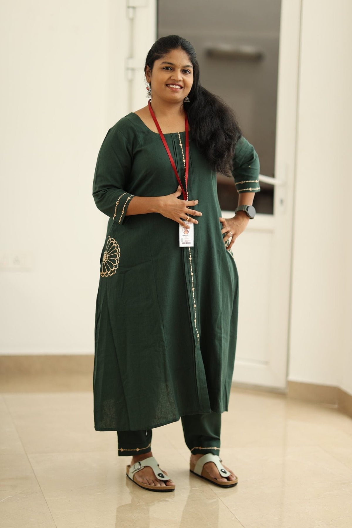 Spinach Leaf Cream Embroidery 30+ Women Everyday Office Kurta (Top + Bottom + Dupatta) | MAGI0049