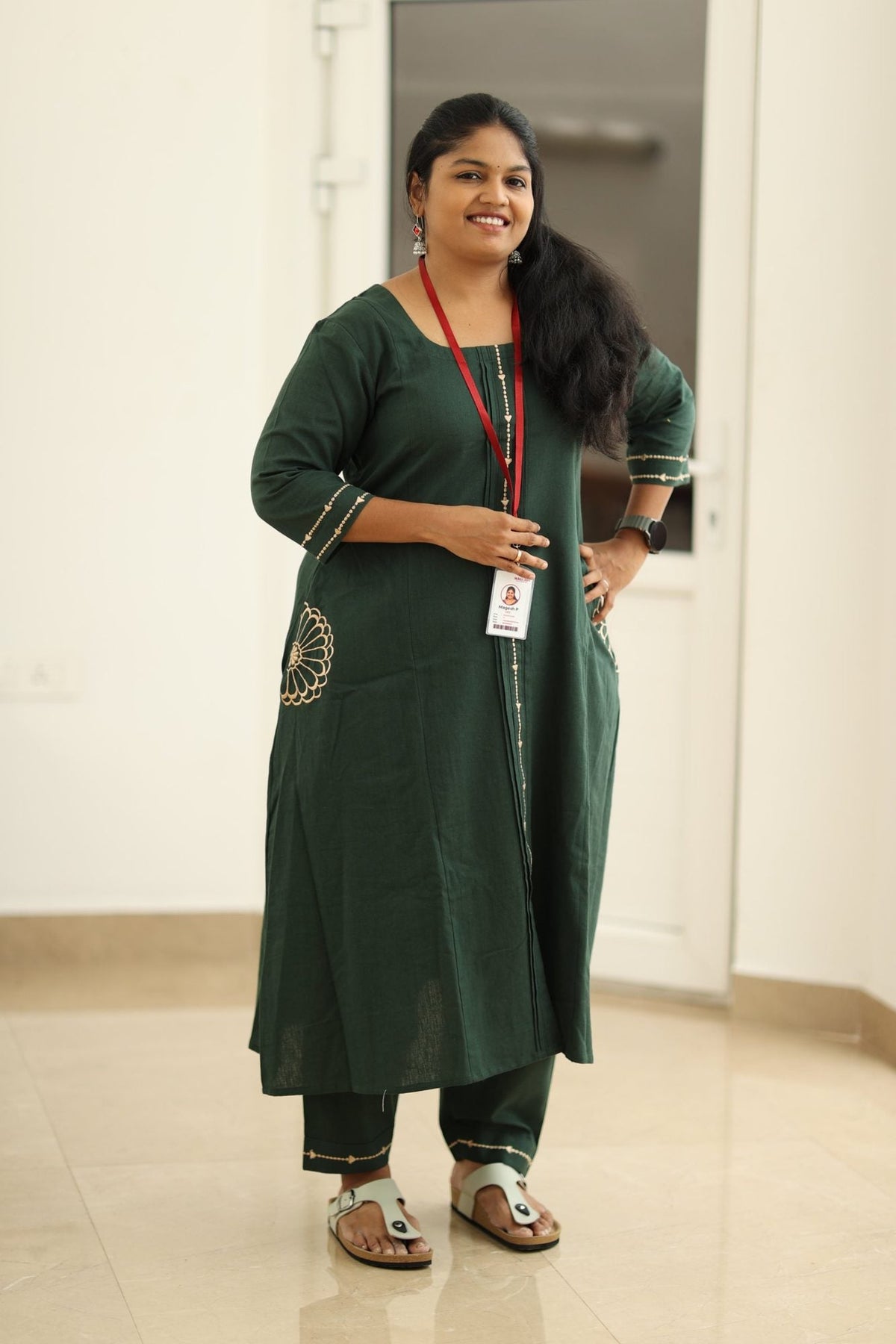 Spinach Leaf Cream Embroidery 30+ Women Everyday Office Kurta (Top + Bottom + Dupatta) | MAGI0049