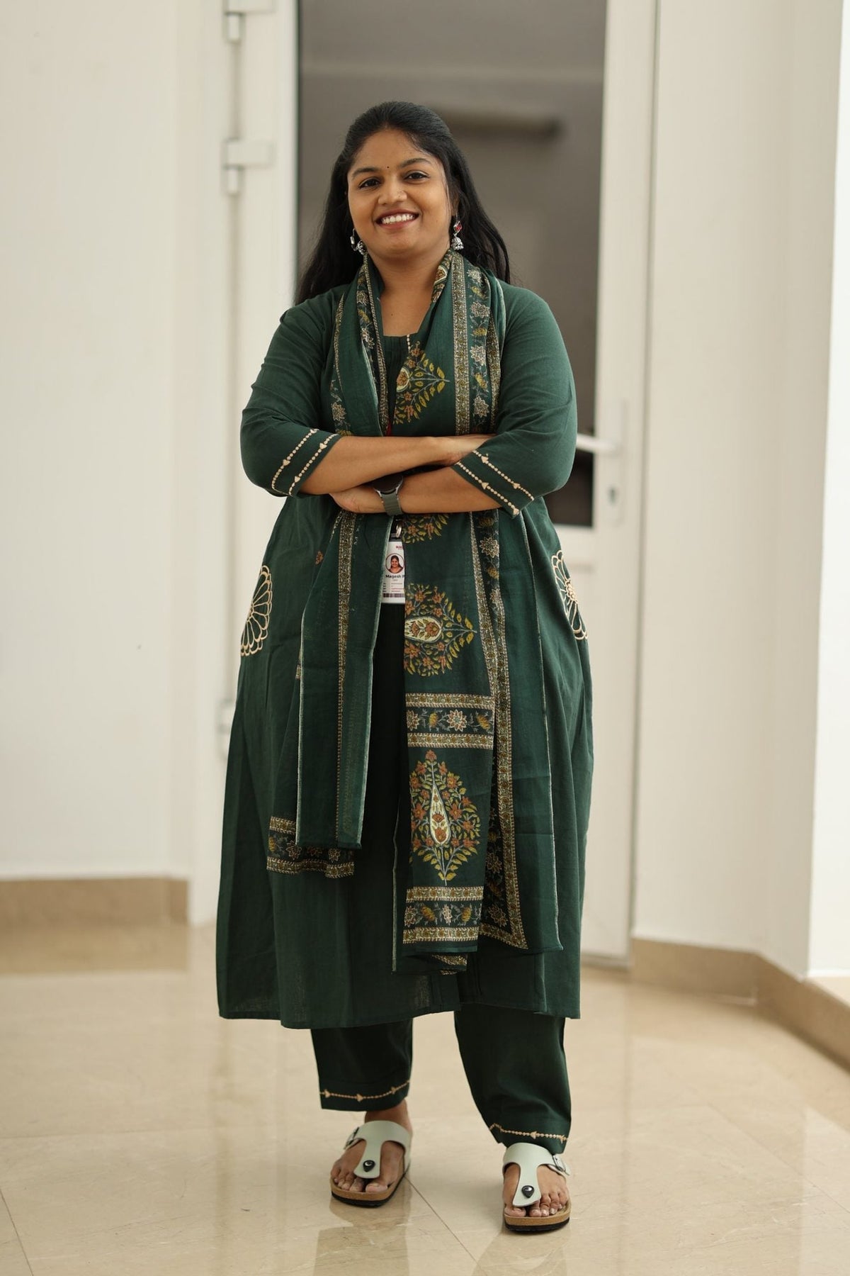 Spinach Leaf Cream Embroidery 30+ Women Everyday Office Kurta (Top + Bottom + Dupatta) | MAGI0049