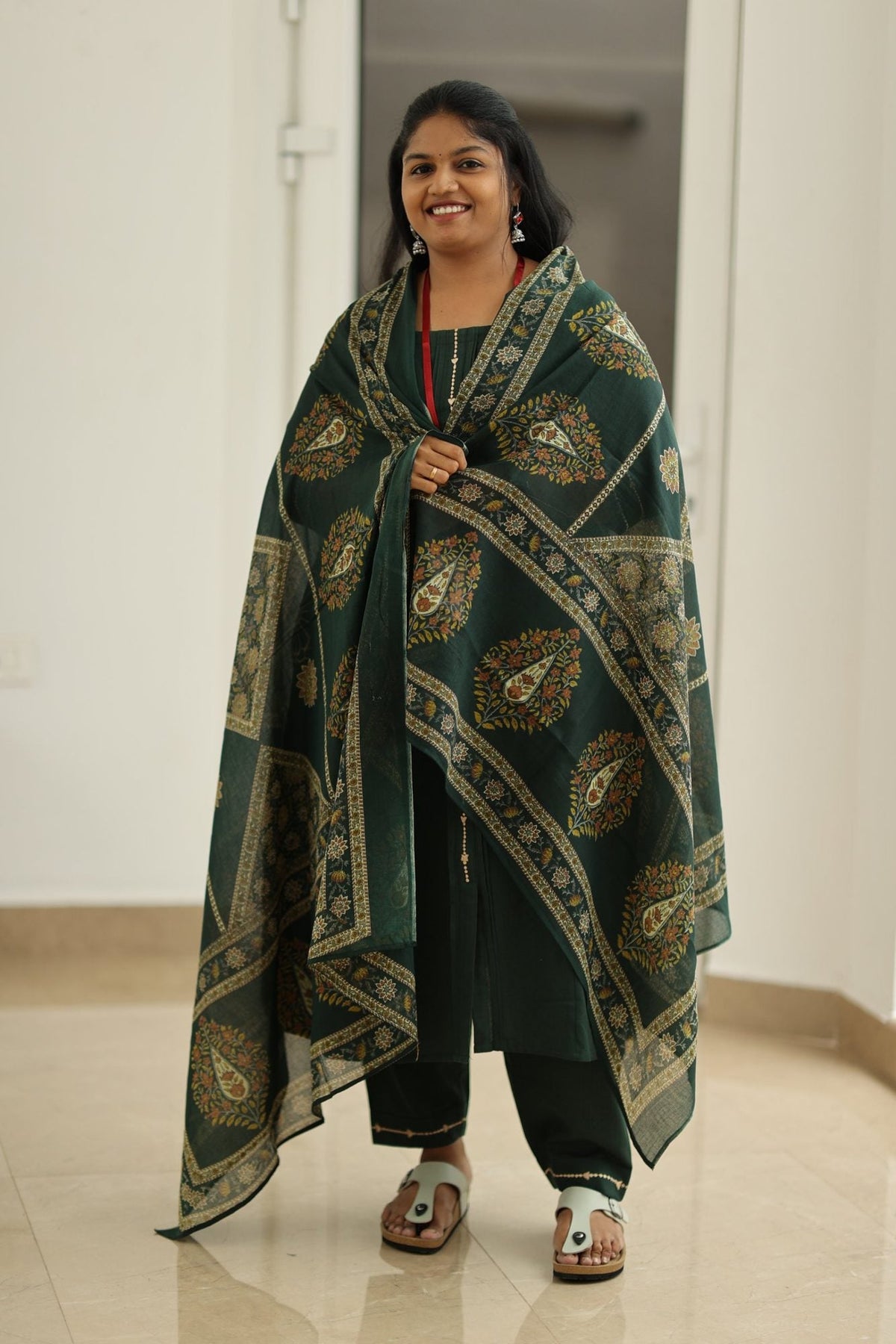 Spinach Leaf Cream Embroidery 30+ Women Everyday Office Kurta (Top + Bottom + Dupatta) | MAGI0049