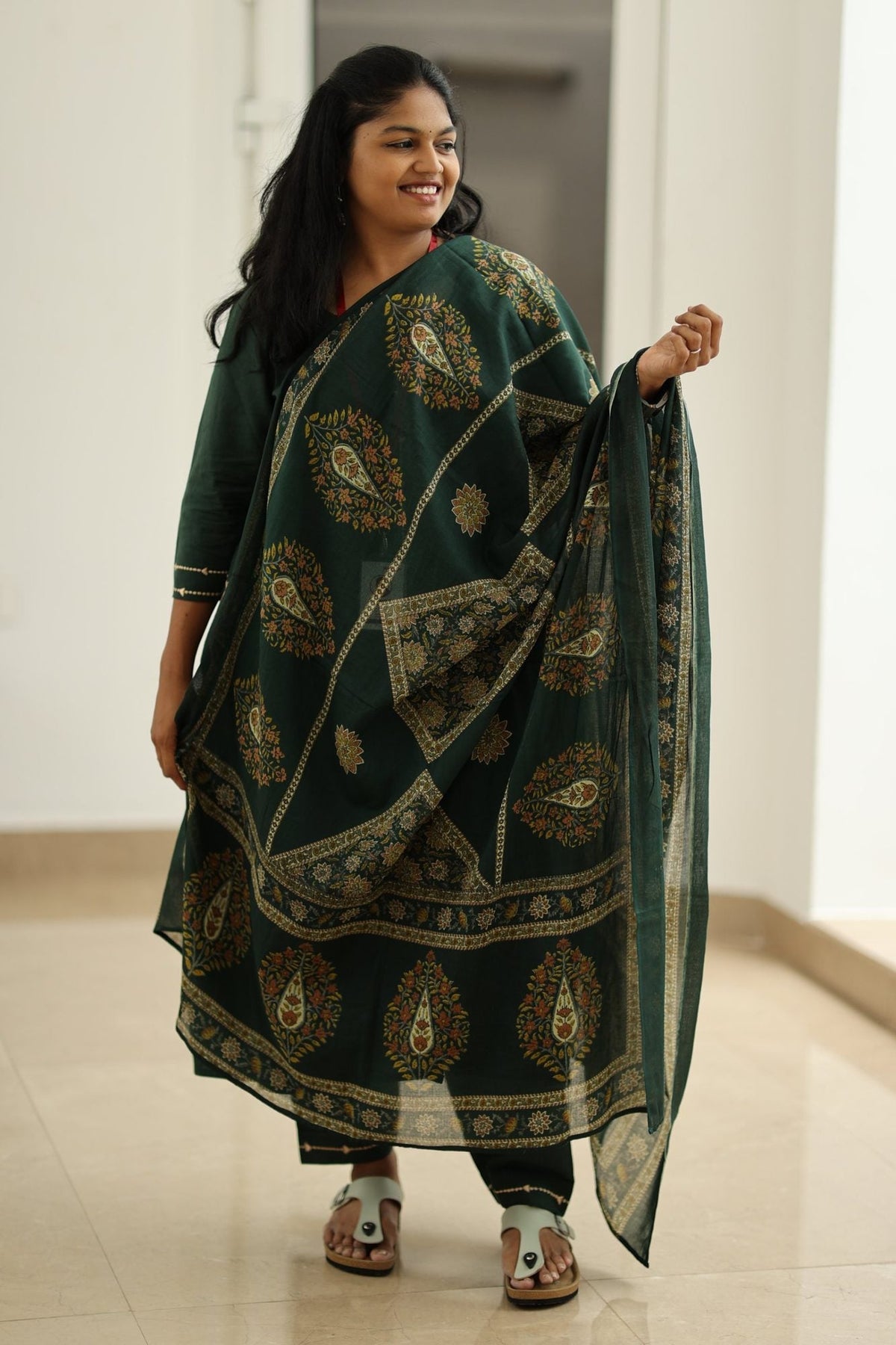 Spinach Leaf Cream Embroidery 30+ Women Everyday Office Kurta (Top + Bottom + Dupatta) | MAGI0049