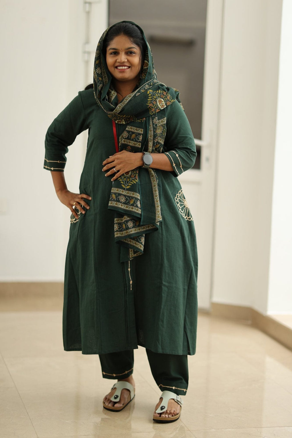 Spinach Leaf Cream Embroidery 30+ Women Everyday Office Kurta (Top + Bottom + Dupatta) | MAGI0049