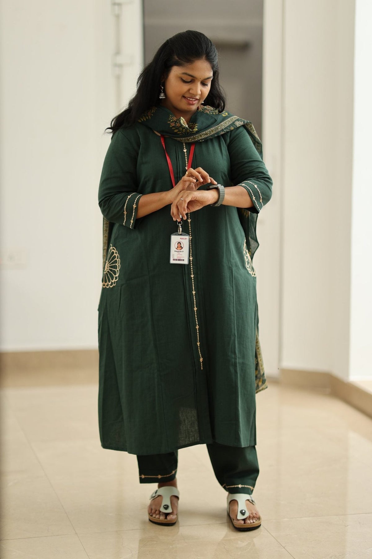 Spinach Leaf Cream Embroidery 30+ Women Everyday Office Kurta (Top + Bottom + Dupatta) | MAGI0049