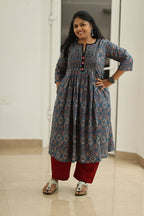 Blueberry Cherry Ajrakh Print 30+ Women Everyday Office Kurta (Top + Bottom) | MAGI0050
