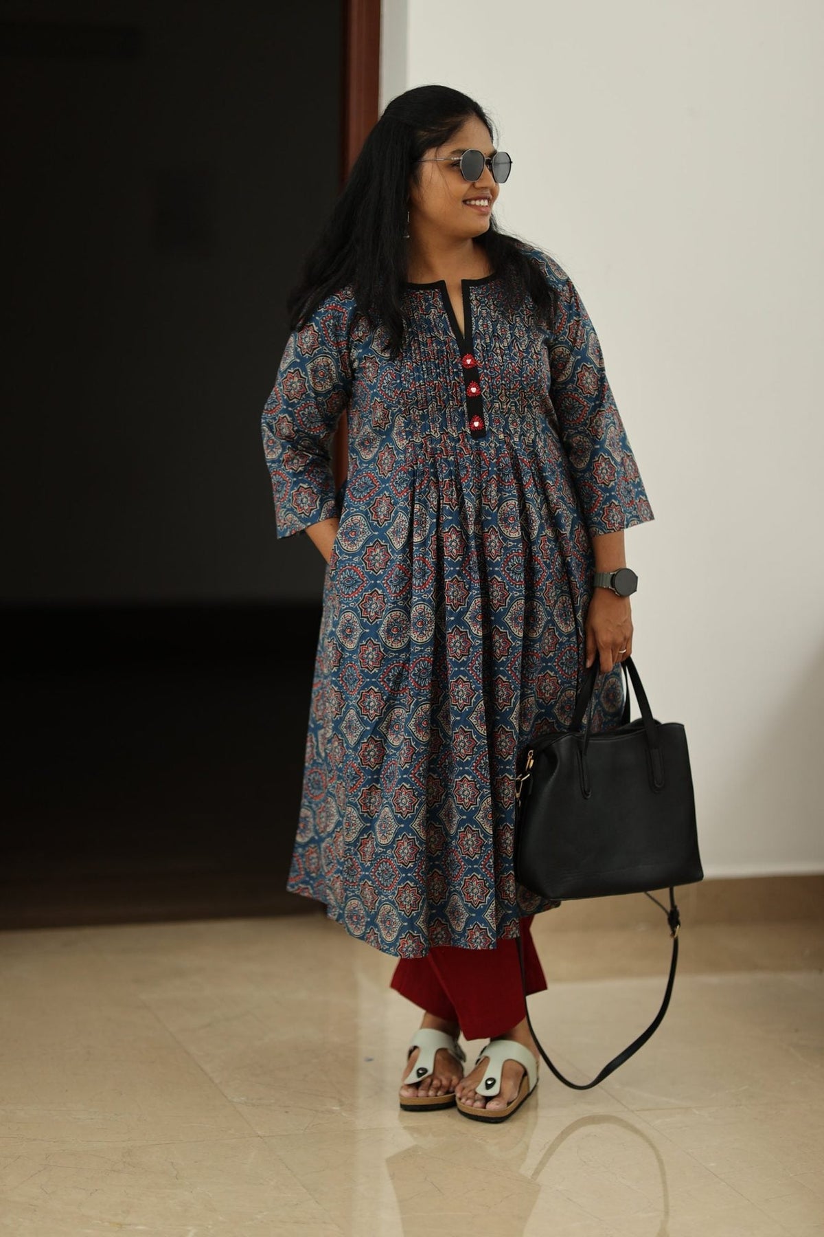 Blueberry Cherry Ajrakh Print 30+ Women Everyday Office Kurta (Top + Bottom) | MAGI0050