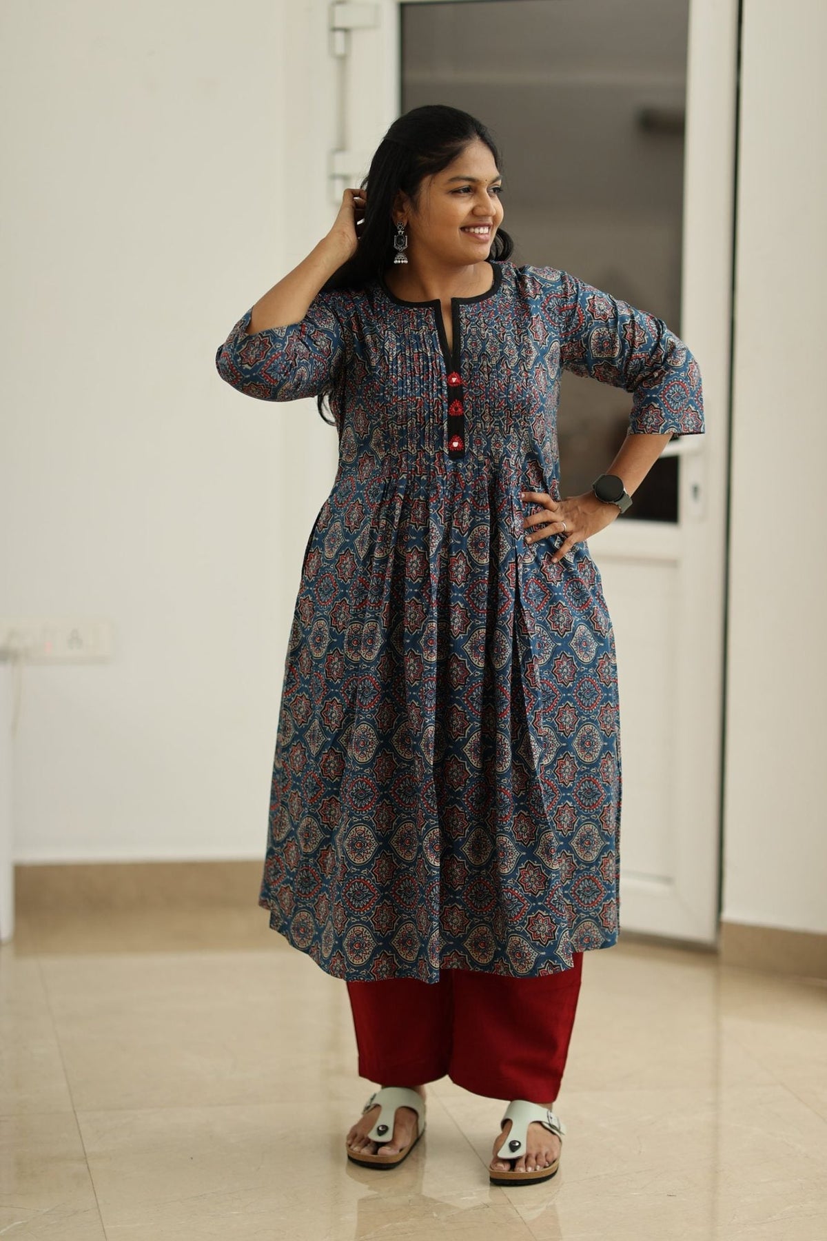 Blueberry Cherry Ajrakh Print 30+ Women Everyday Office Kurta (Top + Bottom) | MAGI0050