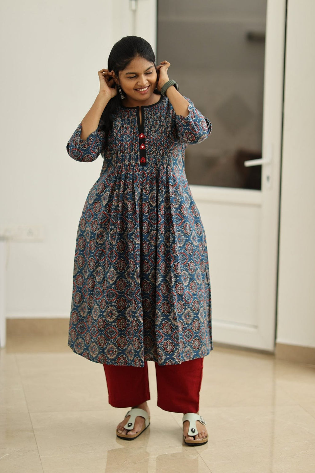 Blueberry Cherry Ajrakh Print 30+ Women Everyday Office Kurta (Top + Bottom) | MAGI0050