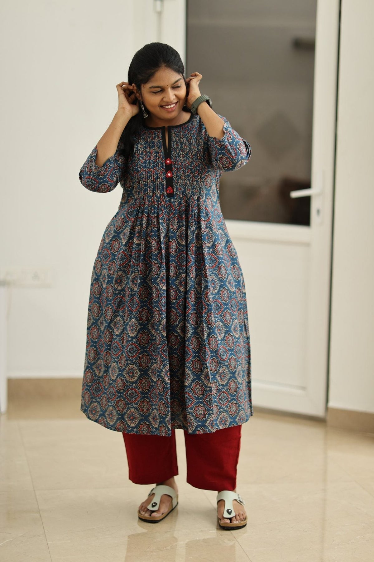 Blueberry Cherry Ajrakh Print 30+ Women Everyday Office Kurta (Top + Bottom) | MAGI0050