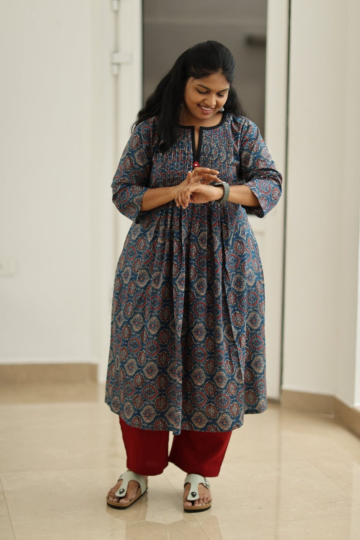 Blueberry Cherry Ajrakh Print 30+ Women Everyday Office Kurta (Top + Bottom) | MAGI0050