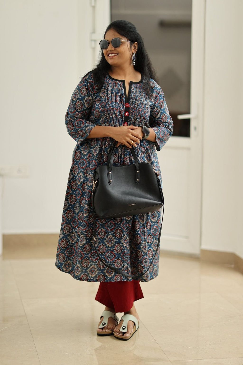 Blueberry Cherry Ajrakh Print 30+ Women Everyday Office Kurta (Top + Bottom) | MAGI0050