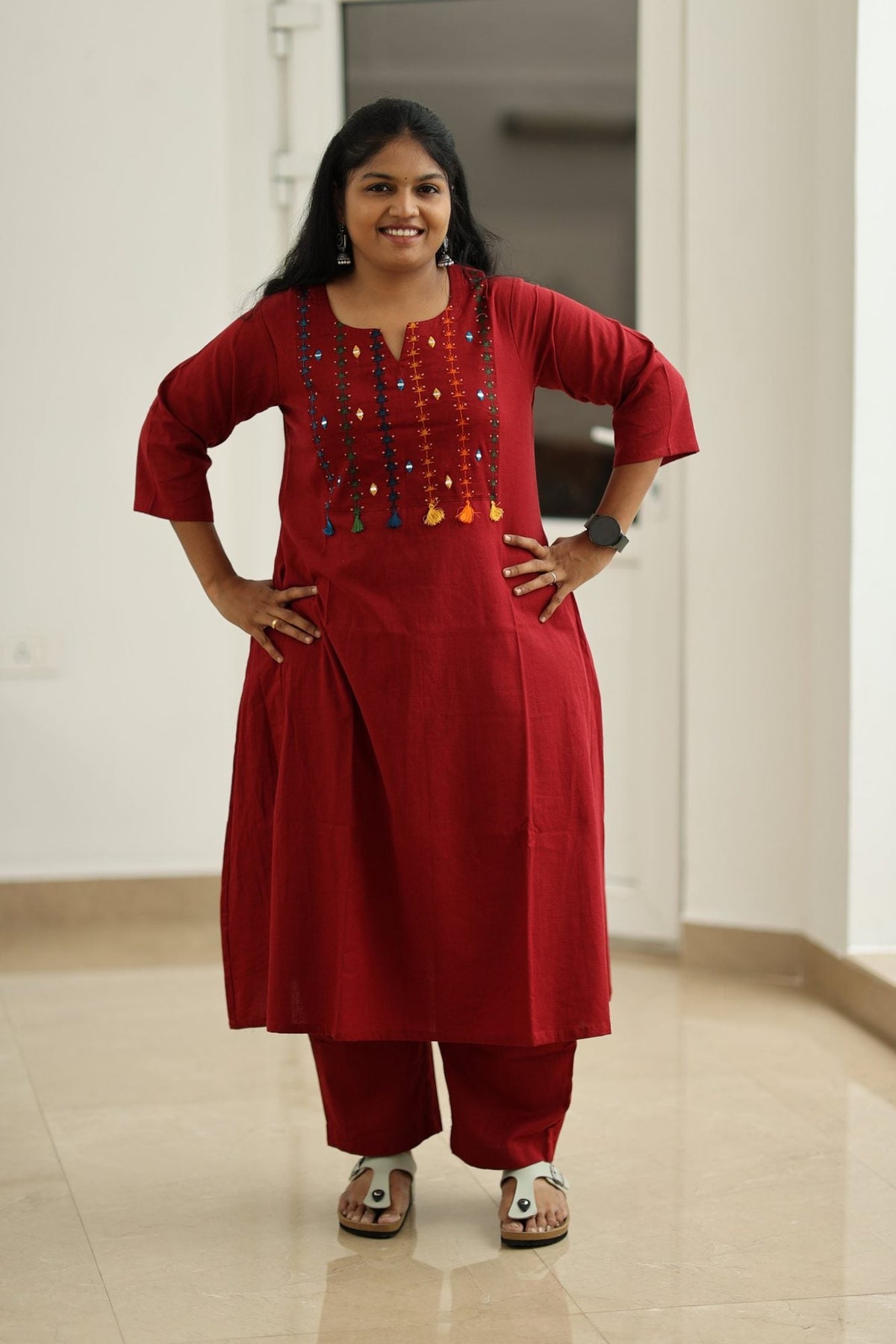 Red Velvet Rainbow Tassel 30+ Women Everyday Office Kurta (Top + Bottom) | MAGI0051