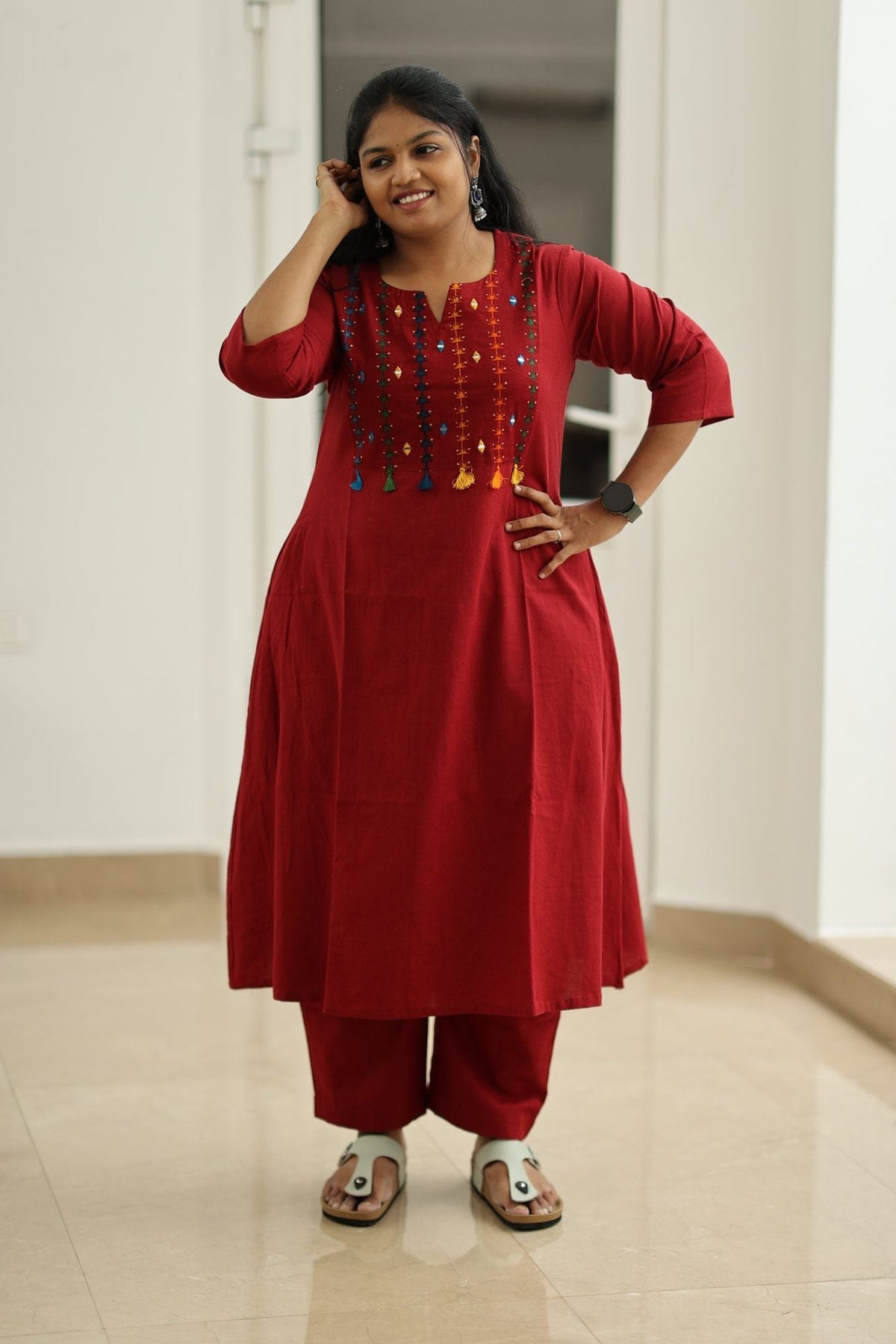 Red Velvet Rainbow Tassel 30+ Women Everyday Office Kurta (Top + Bottom) | MAGI0051