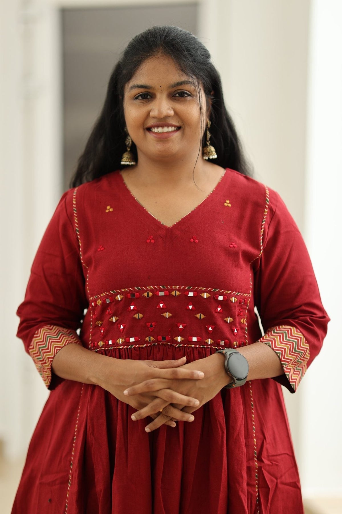Pomegranate Zigzag Mirror Work 30+ Women Everyday Office Kurta (Top + Bottom) | MAGI0053