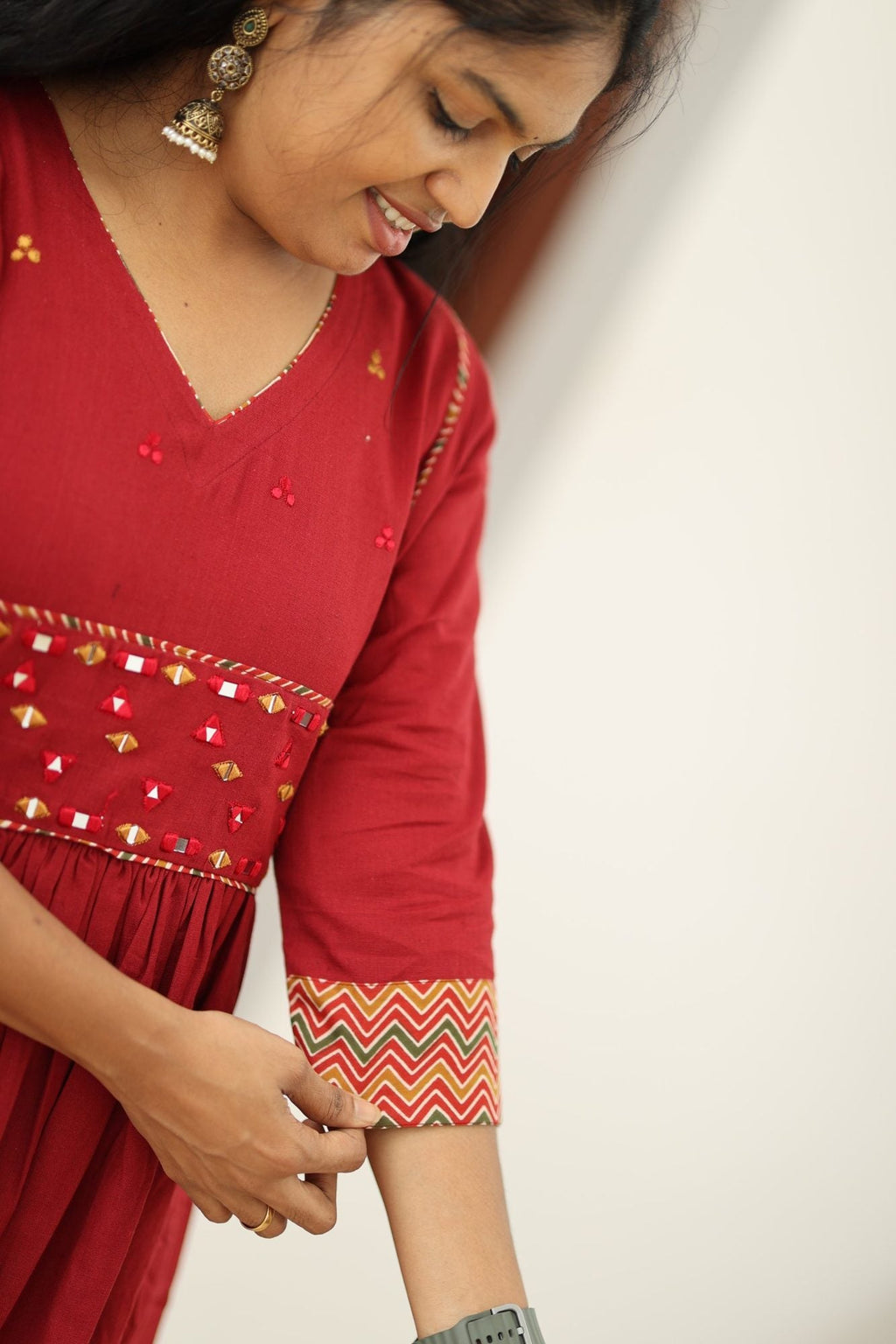 Pomegranate Zigzag Mirror Work 30+ Women Everyday Office Kurta (Top + Bottom) | MAGI0053