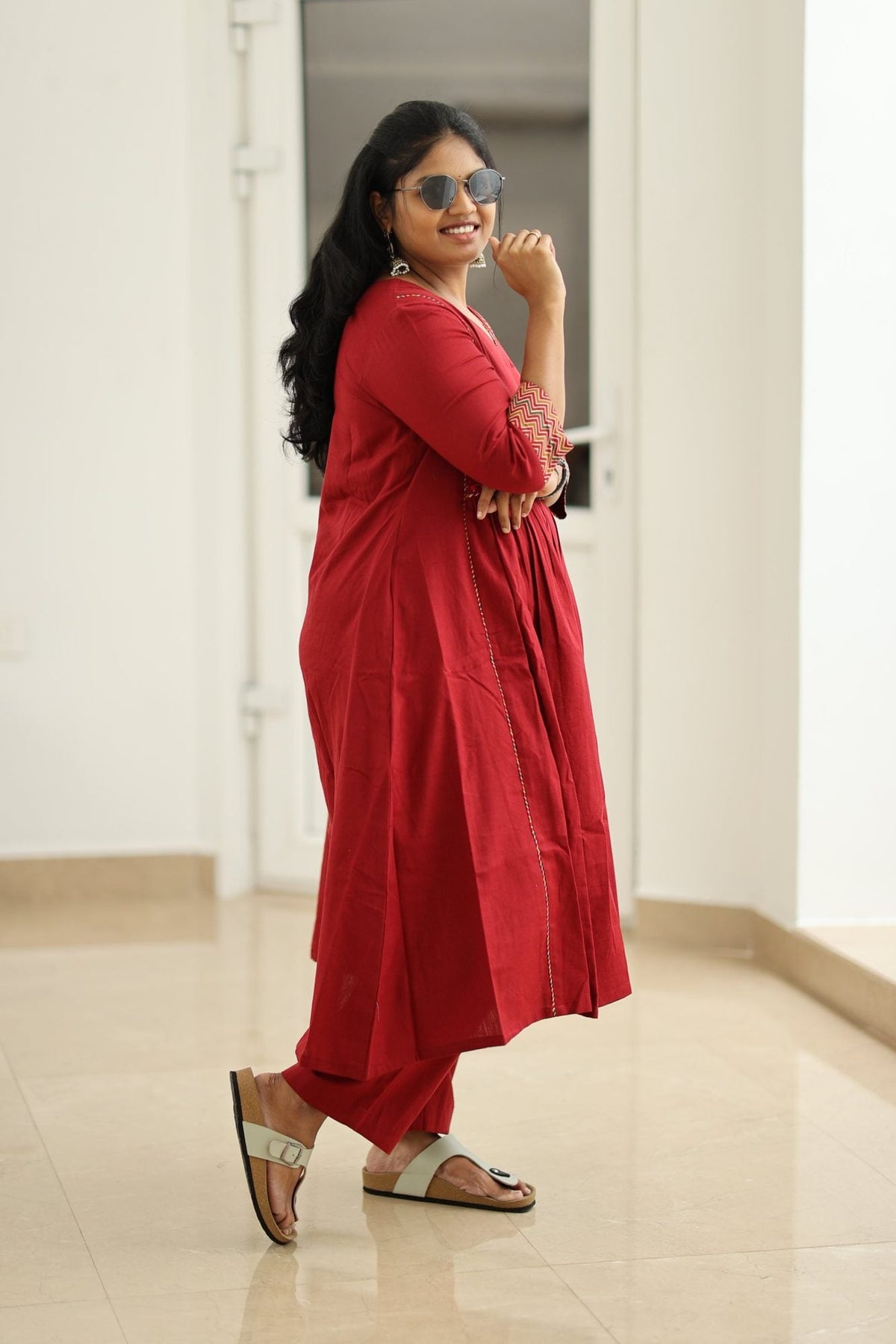 Pomegranate Zigzag Mirror Work 30+ Women Everyday Office Kurta (Top + Bottom) | MAGI0053