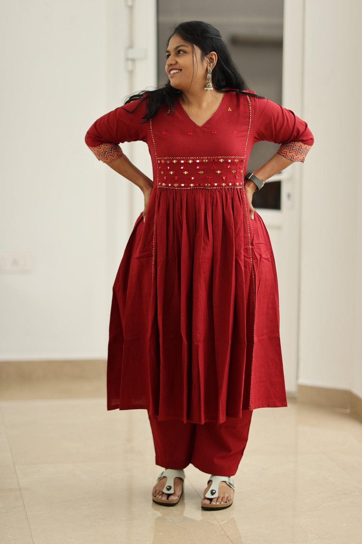 Pomegranate Zigzag Mirror Work 30+ Women Everyday Office Kurta (Top + Bottom) | MAGI0053