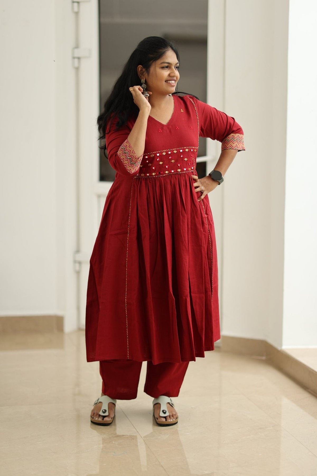 Pomegranate Zigzag Mirror Work 30+ Women Everyday Office Kurta (Top + Bottom) | MAGI0053