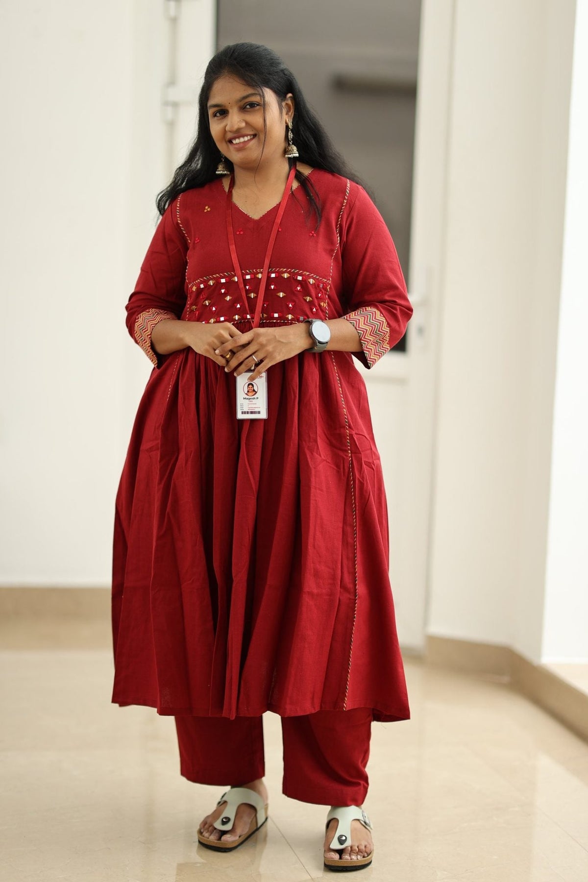 Pomegranate Zigzag Mirror Work 30+ Women Everyday Office Kurta (Top + Bottom) | MAGI0053