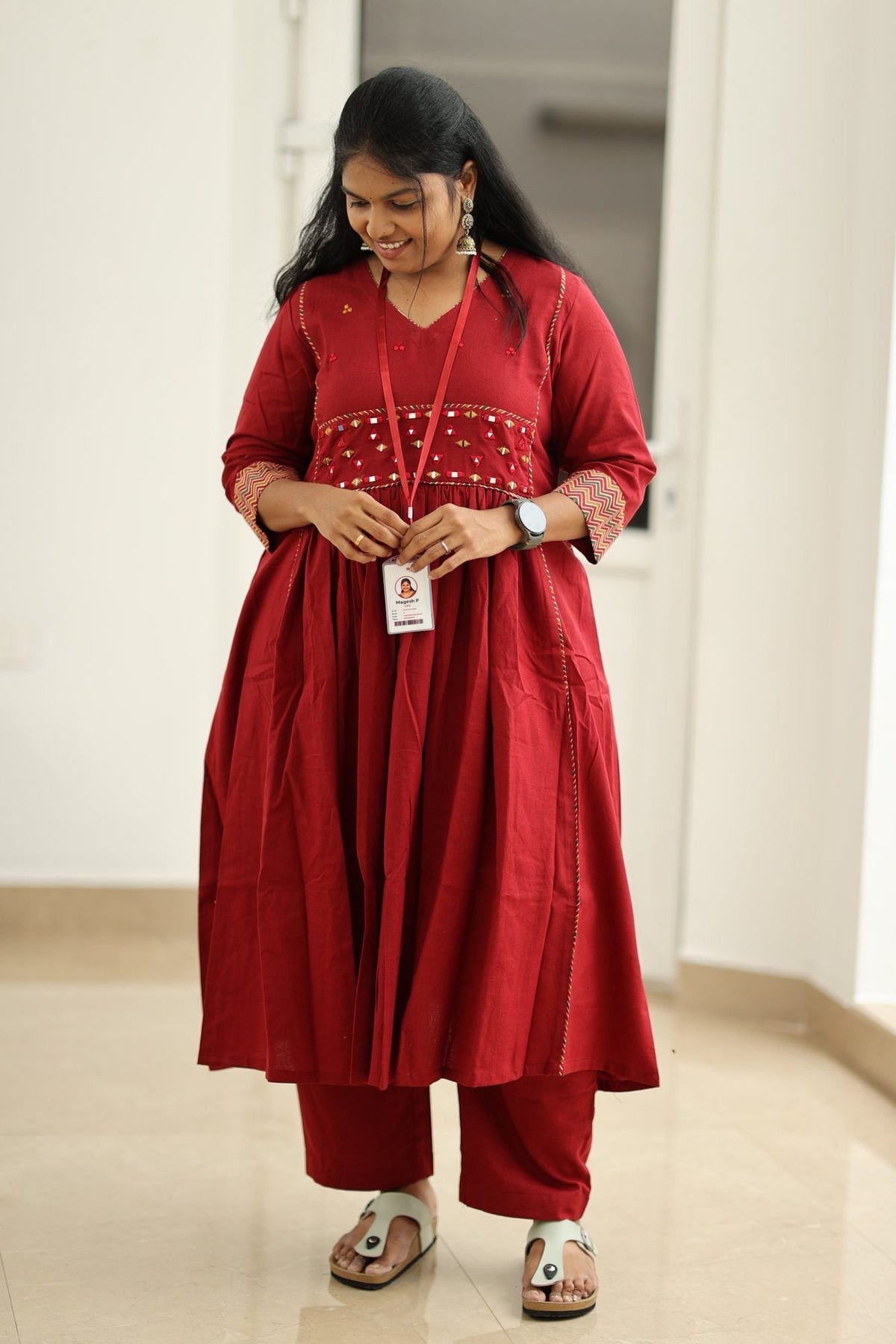 Pomegranate Zigzag Mirror Work 30+ Women Everyday Office Kurta (Top + Bottom) | MAGI0053