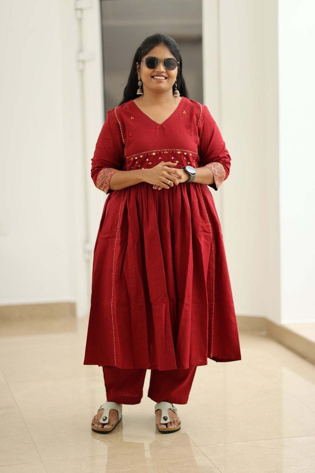 Pomegranate Zigzag Mirror Work 30+ Women Everyday Office Kurta (Top + Bottom) | MAGI0053