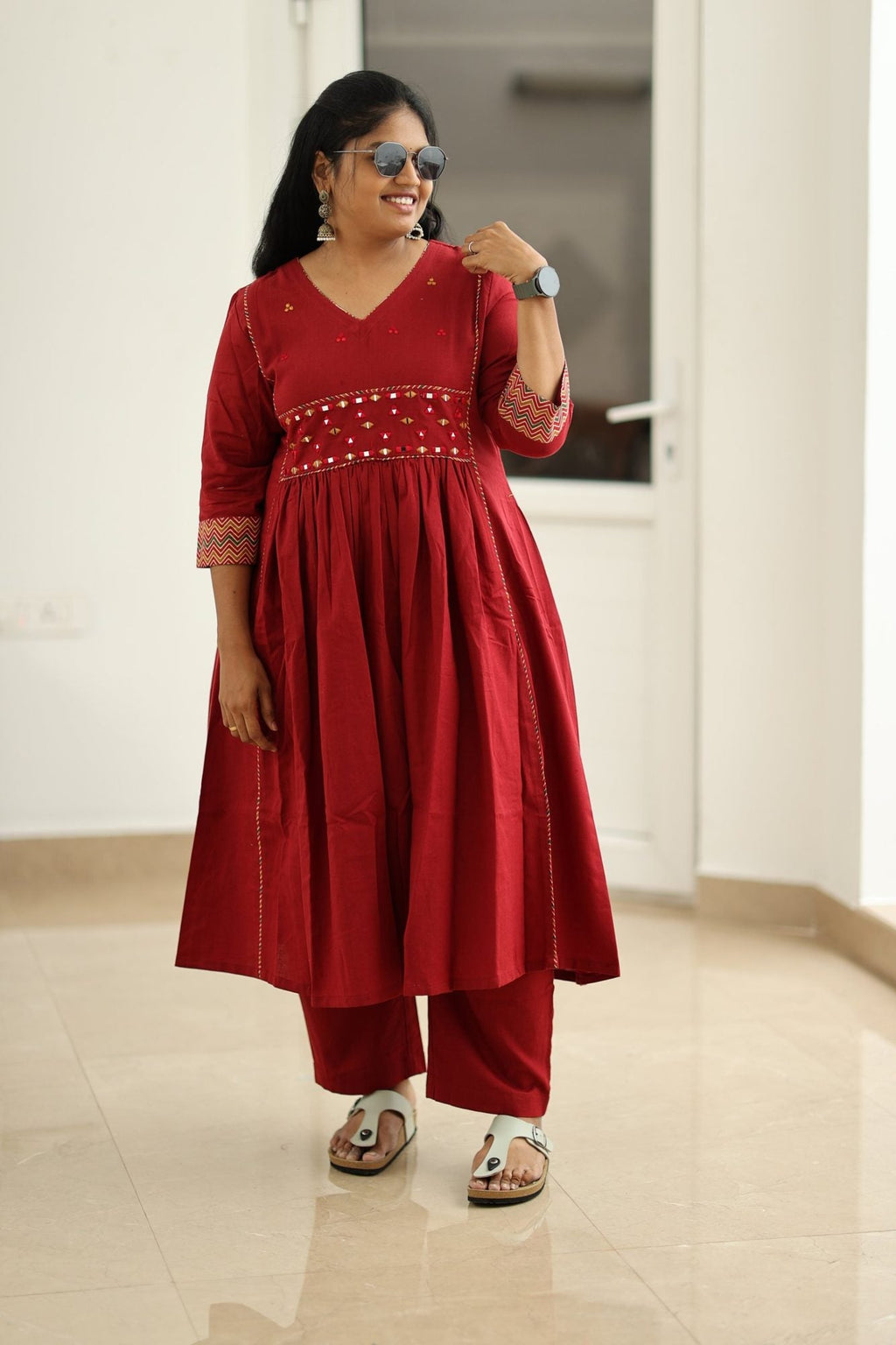 Pomegranate Zigzag Mirror Work 30+ Women Everyday Office Kurta (Top + Bottom) | MAGI0053