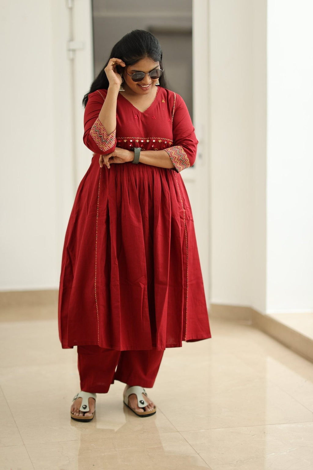 Pomegranate Zigzag Mirror Work 30+ Women Everyday Office Kurta (Top + Bottom) | MAGI0053