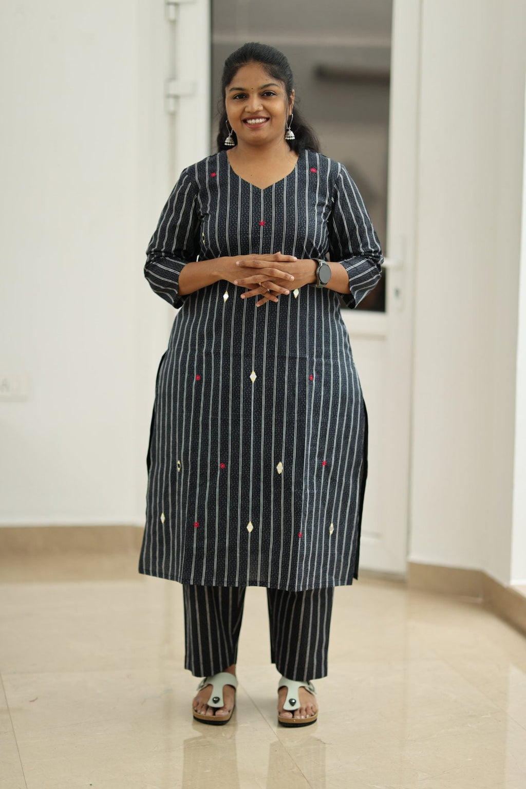 Black Sesame Pinstripe Mirror Work 30+ Women Everyday Office Kurta (Top + Bottom) | MAGI0054