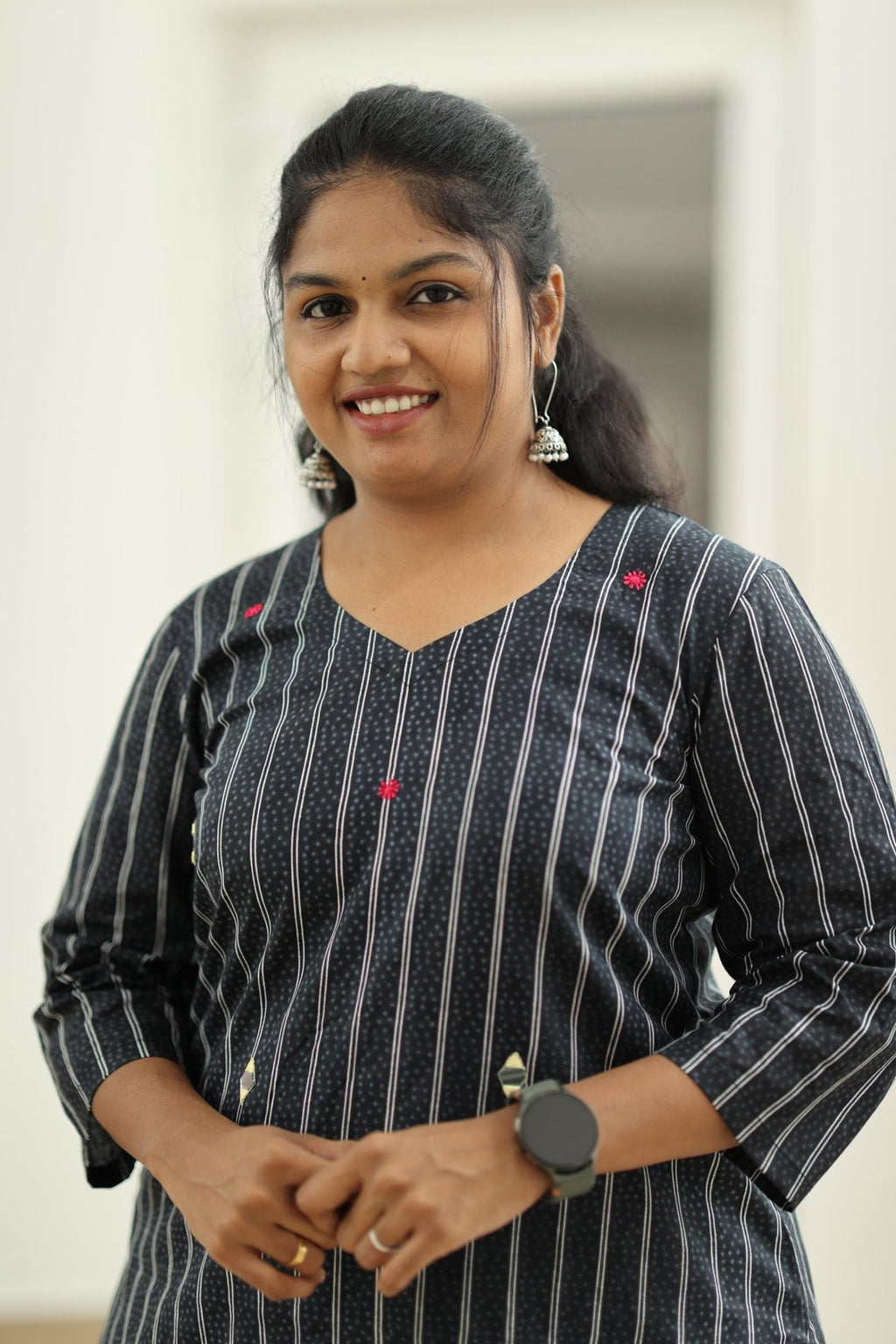 Black Sesame Pinstripe Mirror Work 30+ Women Everyday Office Kurta (Top + Bottom) | MAGI0054