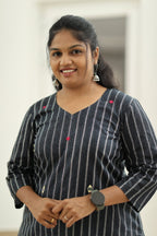 Black Sesame Pinstripe Mirror Work 30+ Women Everyday Office Kurta (Top + Bottom) | MAGI0054