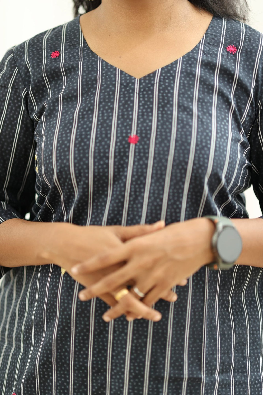 Black Sesame Pinstripe Mirror Work 30+ Women Everyday Office Kurta (Top + Bottom) | MAGI0054