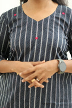 Black Sesame Pinstripe Mirror Work 30+ Women Everyday Office Kurta (Top + Bottom) | MAGI0054