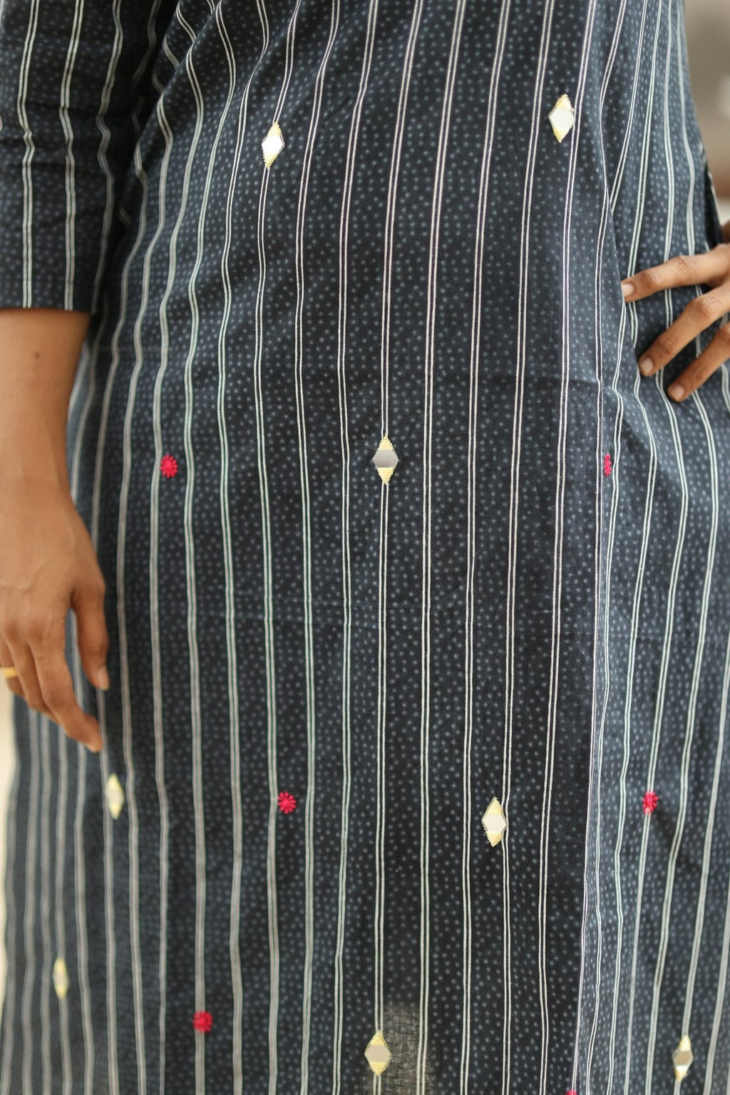 Black Sesame Pinstripe Mirror Work 30+ Women Everyday Office Kurta (Top + Bottom) | MAGI0054
