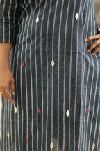 Black Sesame Pinstripe Mirror Work 30+ Women Everyday Office Kurta (Top + Bottom) | MAGI0054