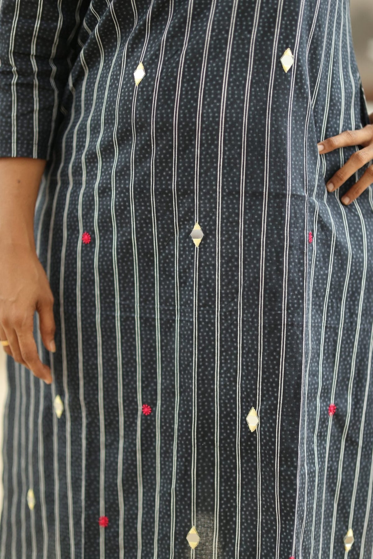 Black Sesame Pinstripe Mirror Work 30+ Women Everyday Office Kurta (Top + Bottom) | MAGI0054