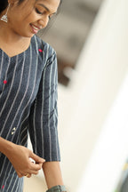 Black Sesame Pinstripe Mirror Work 30+ Women Everyday Office Kurta (Top + Bottom) | MAGI0054