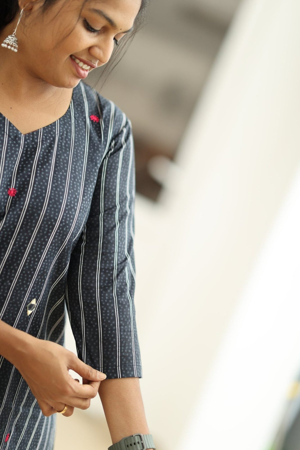 Black Sesame Pinstripe Mirror Work 30+ Women Everyday Office Kurta (Top + Bottom) | MAGI0054