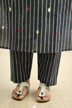 Black Sesame Pinstripe Mirror Work 30+ Women Everyday Office Kurta (Top + Bottom) | MAGI0054